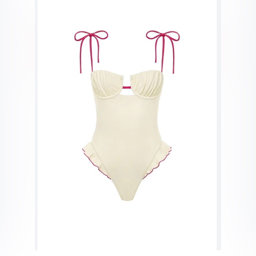NWT Montce Cream Raspberry Binded Petal Ruffle One-Piece. Size M - Picture 7 of 15